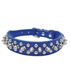 Spiked Studded Leather Dog Collar Rivets Pet Small Large Cat Pit Bull Adjustable (Color: Navy Blue, size: L)